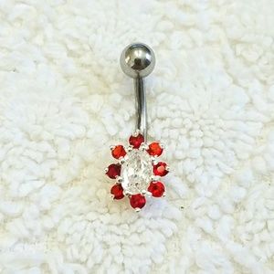 925 SS Stamped clear red pave Flower CZ Navel Ring